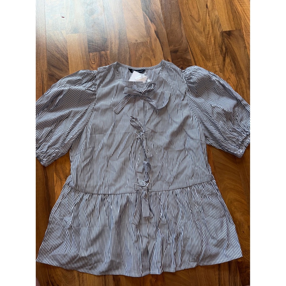 PrettyGarden Blouse S Navy Blue White NEW Stripe Puff Sleeve Bow Peplum Top‎